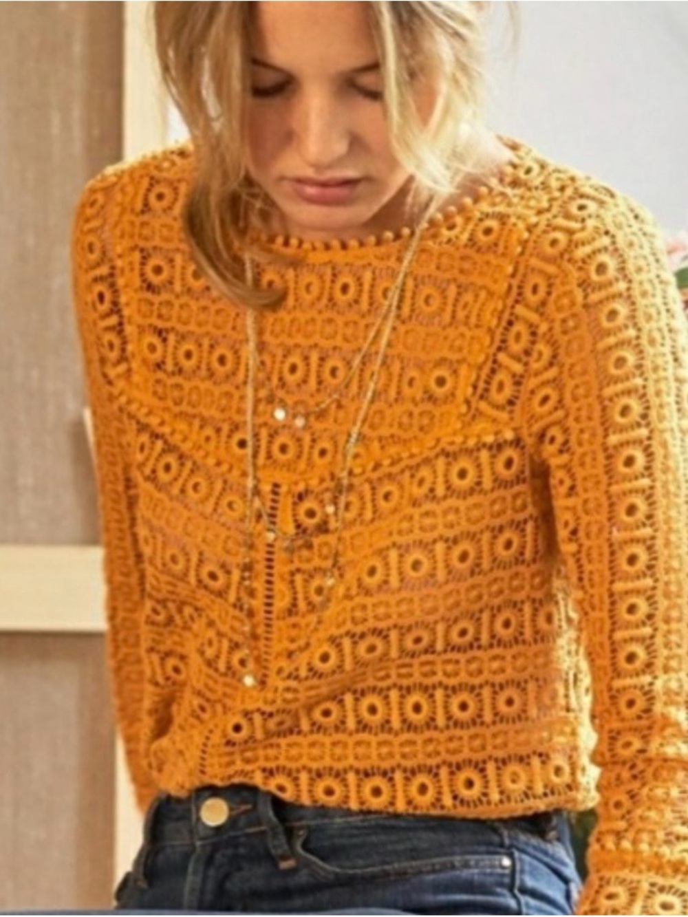 Sezane Size 42 (Medium) Joss Crochet Top in Saffron colour 3/4 Sleeves GUC